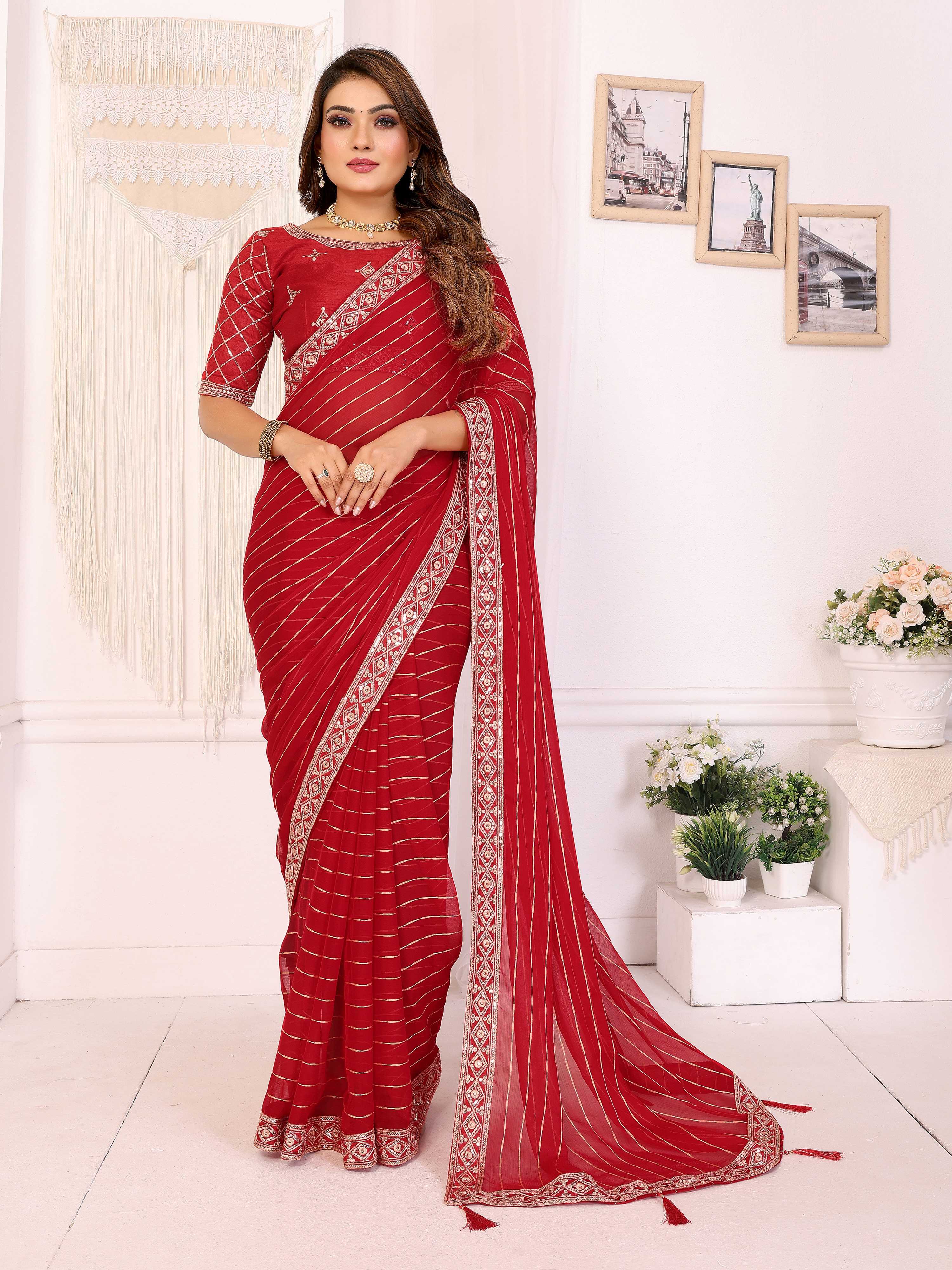 Vedant Vastram Georgette Embroidered & Sequin work Bollywood Fancy Saree - Red - Dista