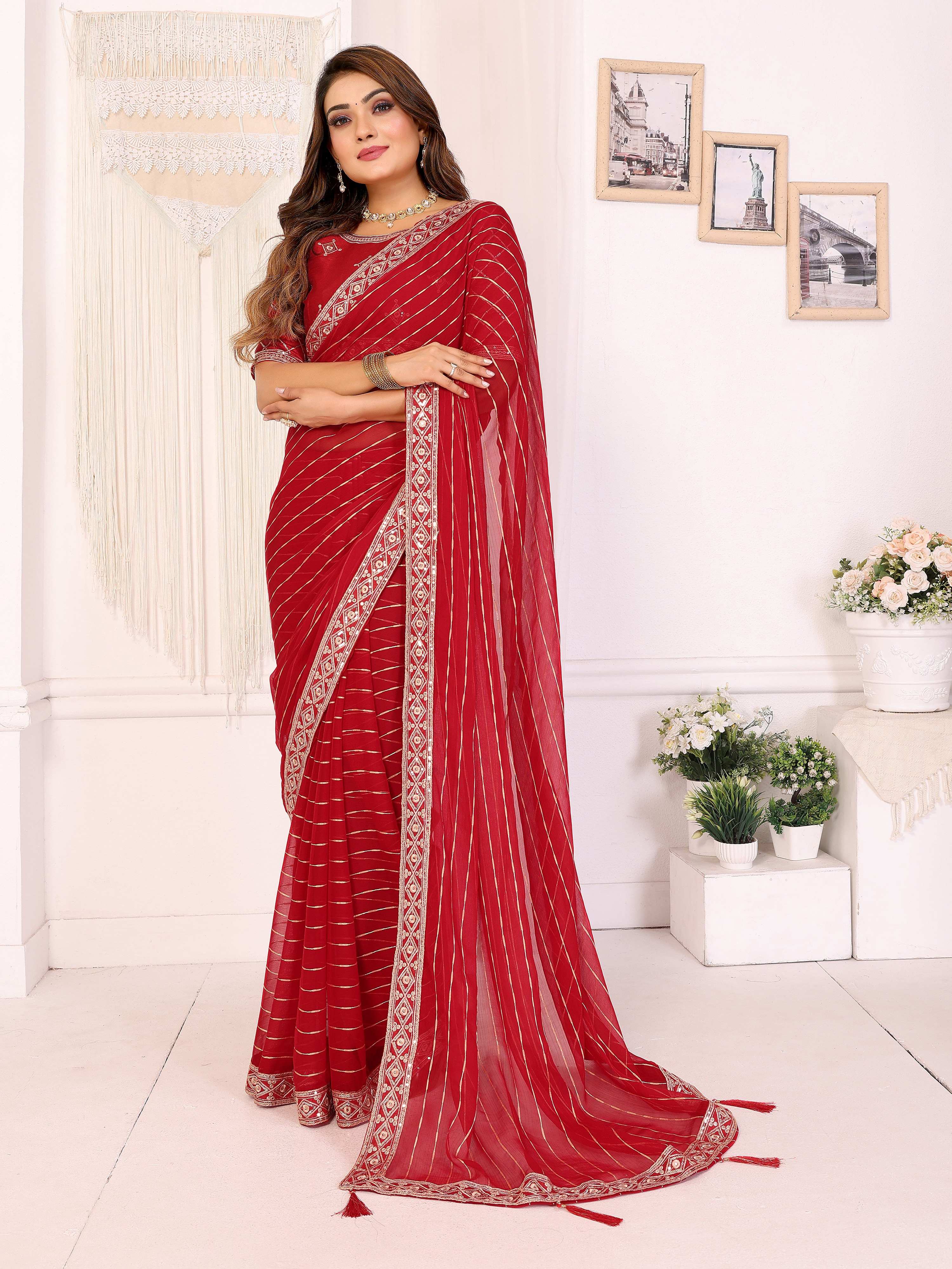 Vedant Vastram Georgette Embroidered & Sequin work Bollywood Fancy Saree - Red - Dista
