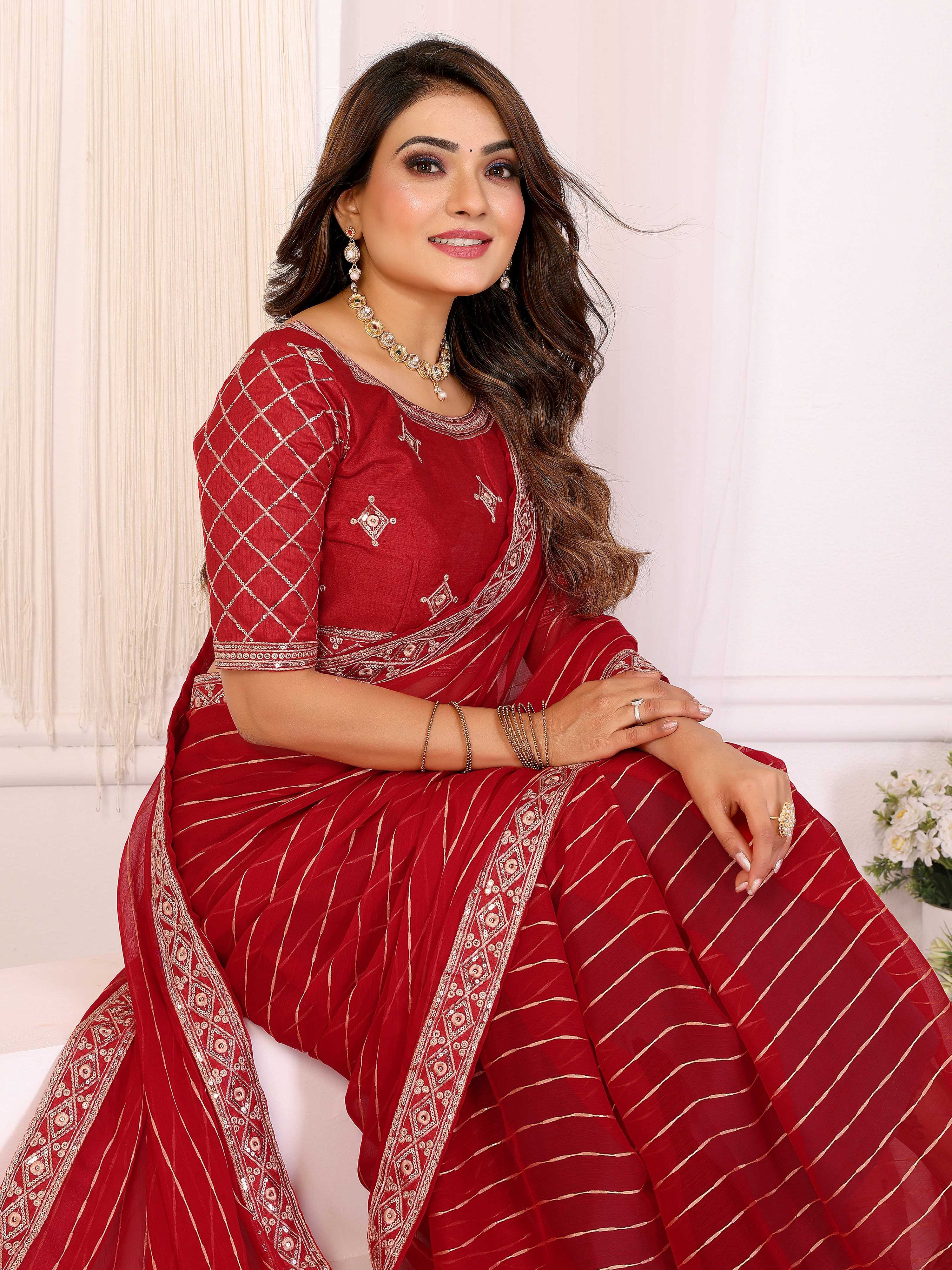 Vedant Vastram Georgette Embroidered & Sequin work Bollywood Fancy Saree - Red - Dista