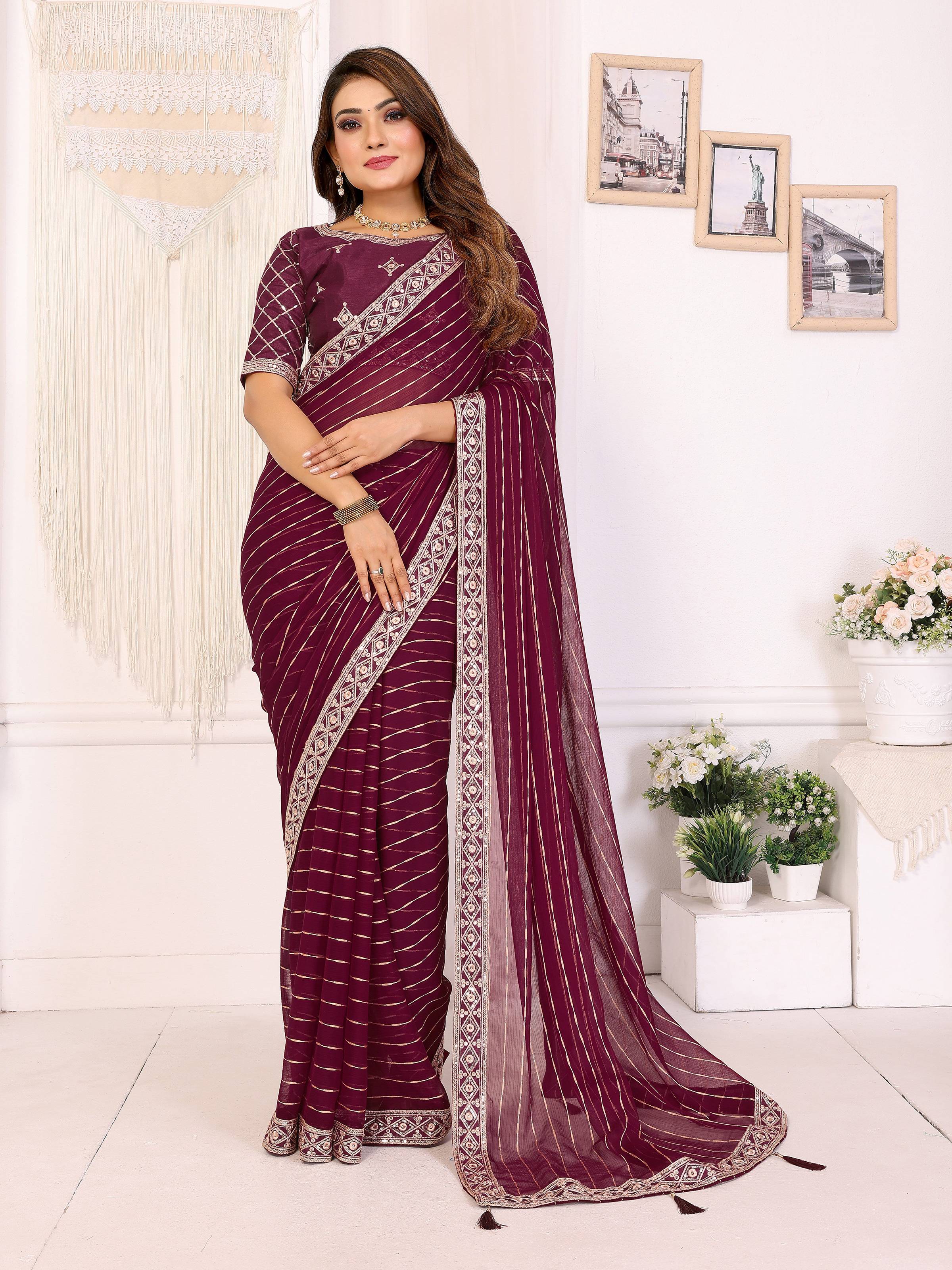 Vedant Vastram Georgette Embroidered & Sequin work Bollywood Fancy Saree - Wine - Dista