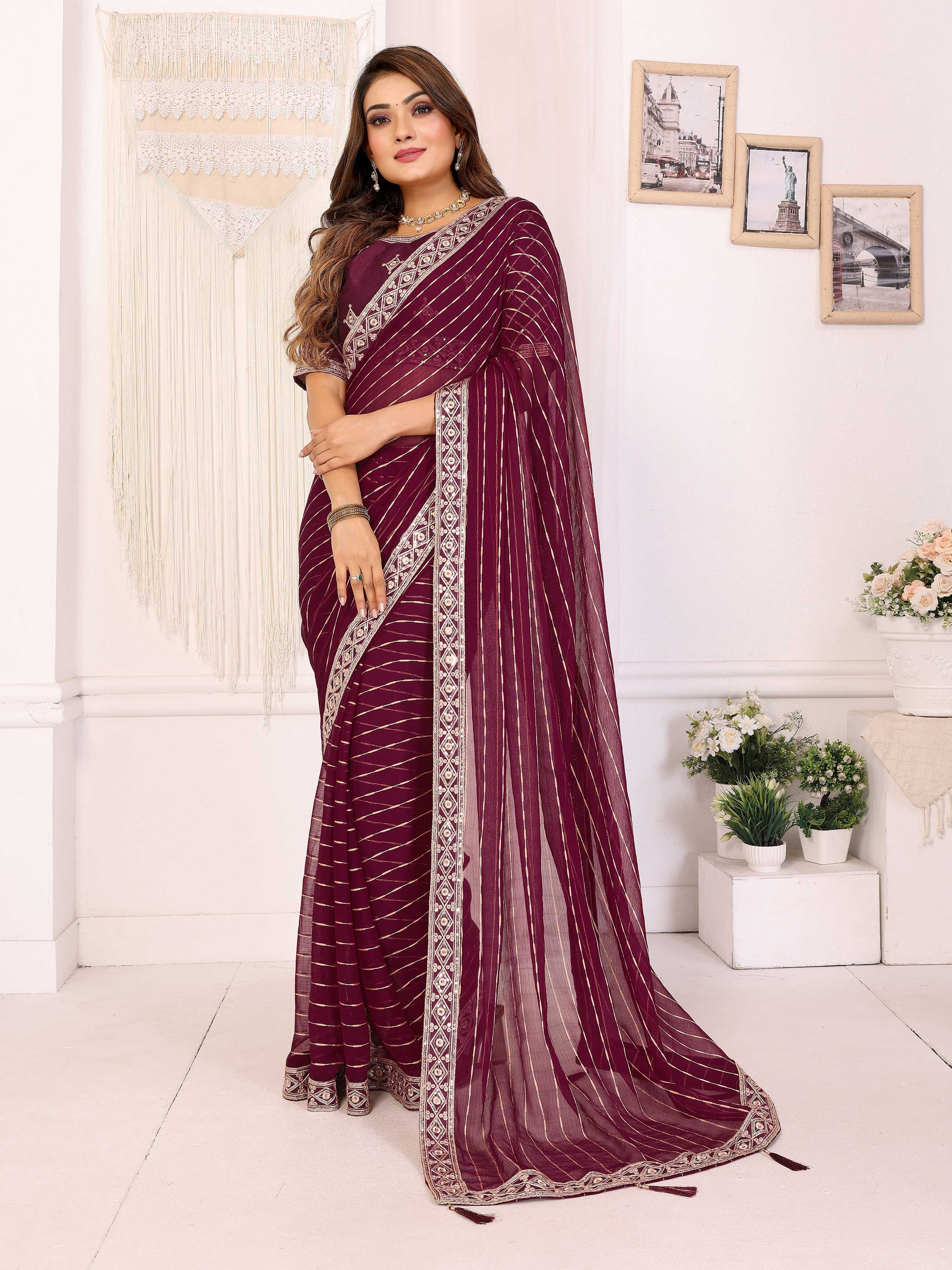 Vedant Vastram Georgette Embroidered & Sequin work Bollywood Fancy Saree - Wine - Dista