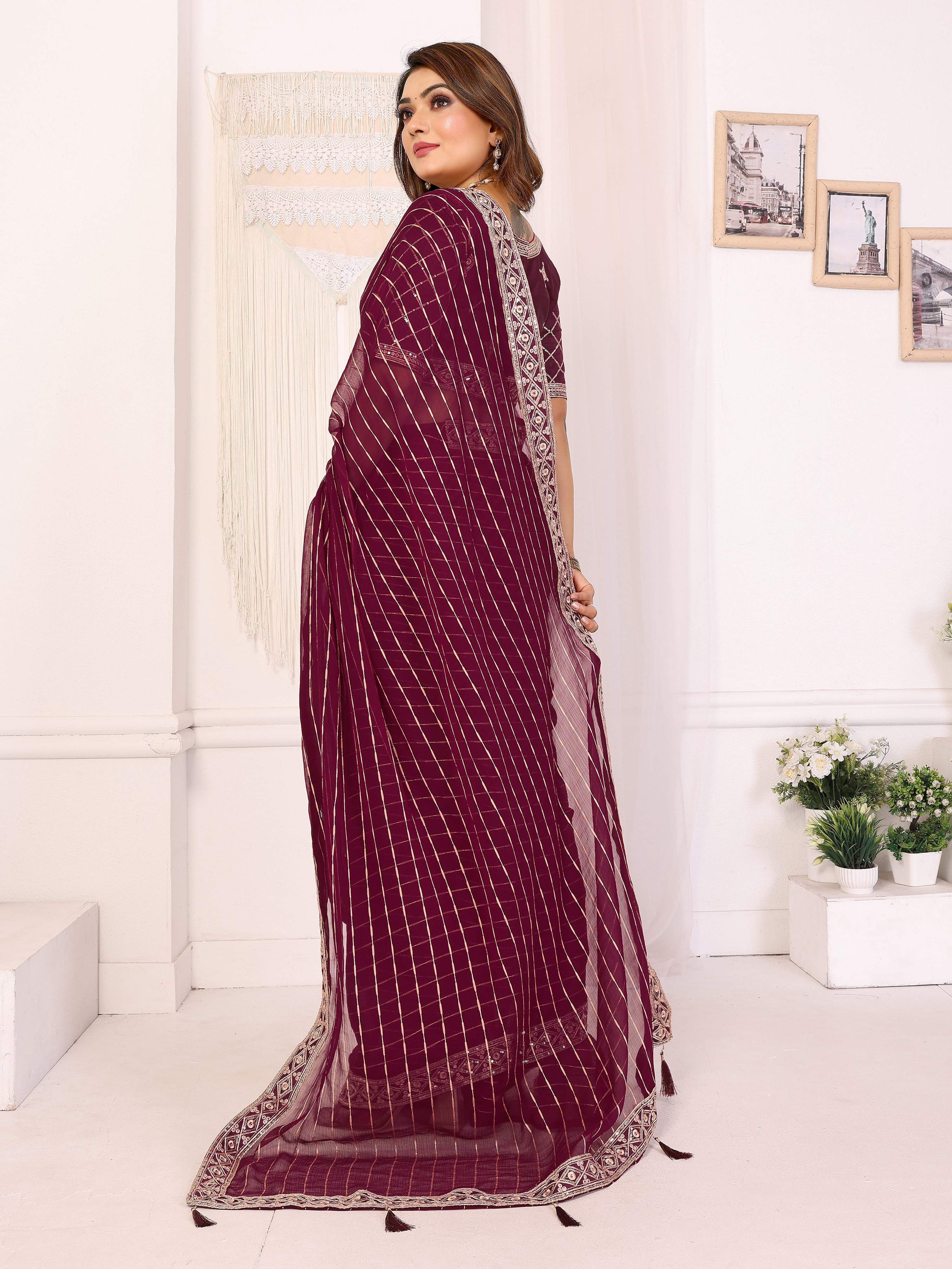 Vedant Vastram Georgette Embroidered & Sequin work Bollywood Fancy Saree - Wine - Dista