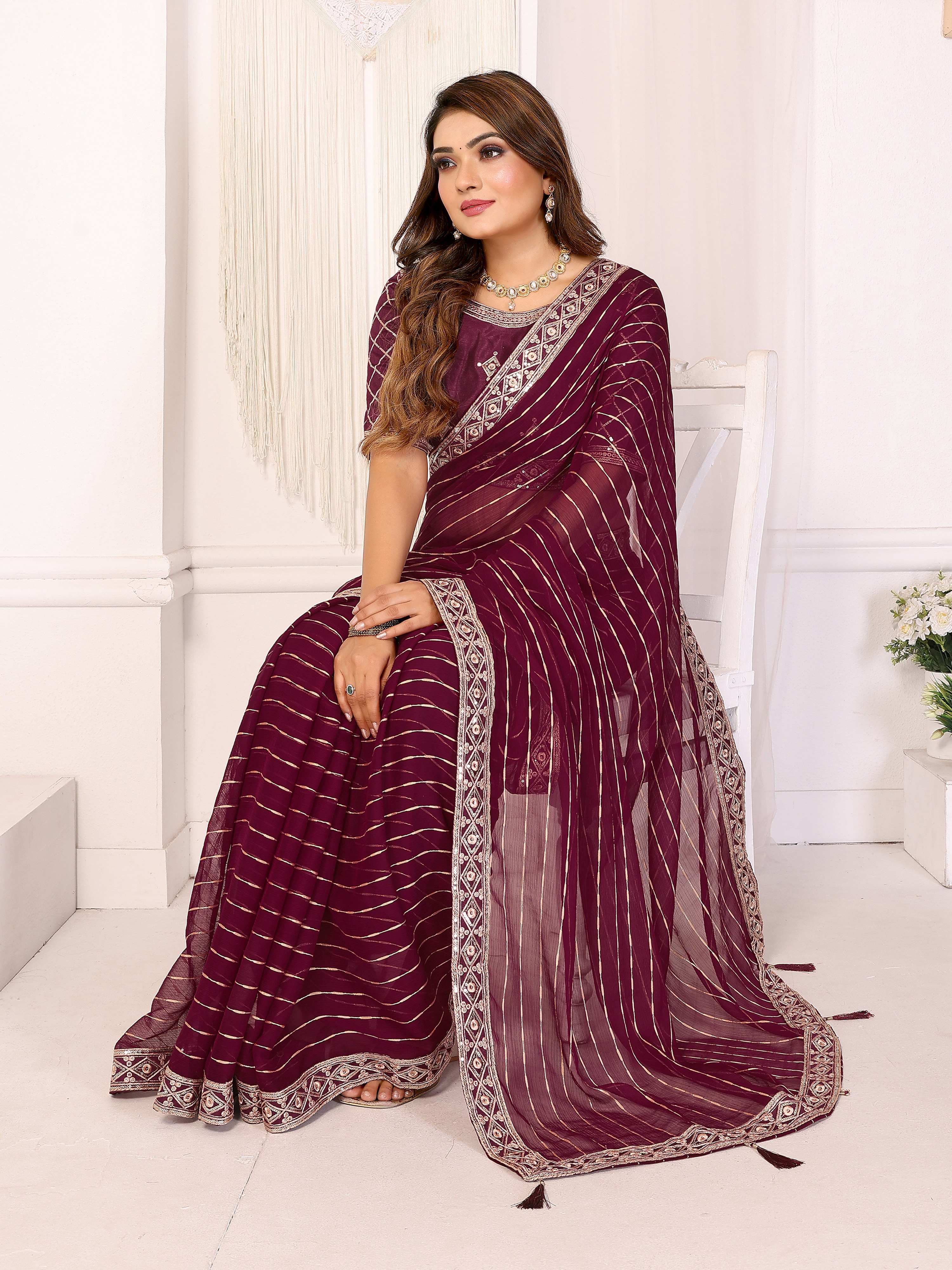 Vedant Vastram Georgette Embroidered & Sequin work Bollywood Fancy Saree - Wine - Dista