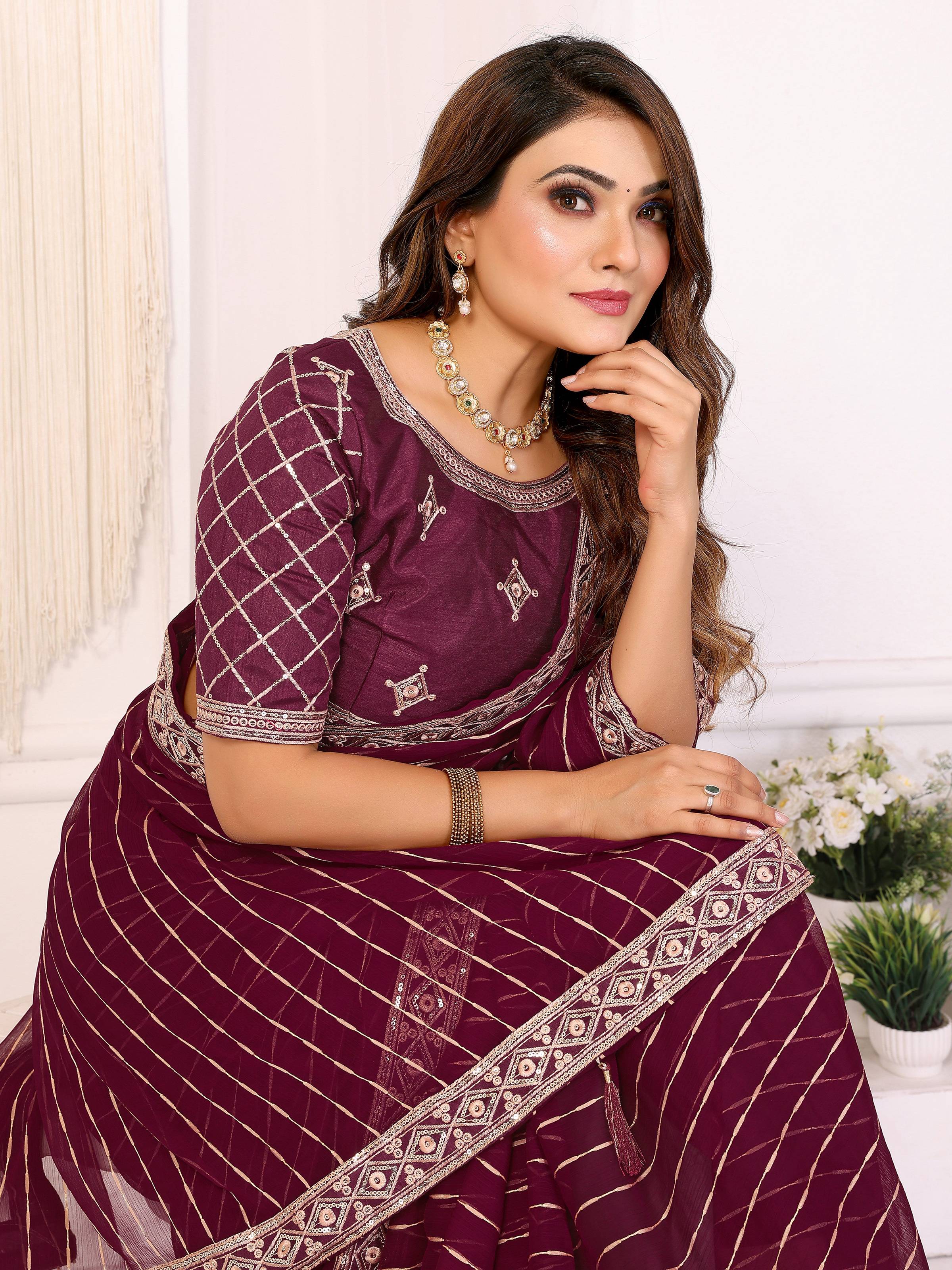 Vedant Vastram Georgette Embroidered & Sequin work Bollywood Fancy Saree - Wine - Dista