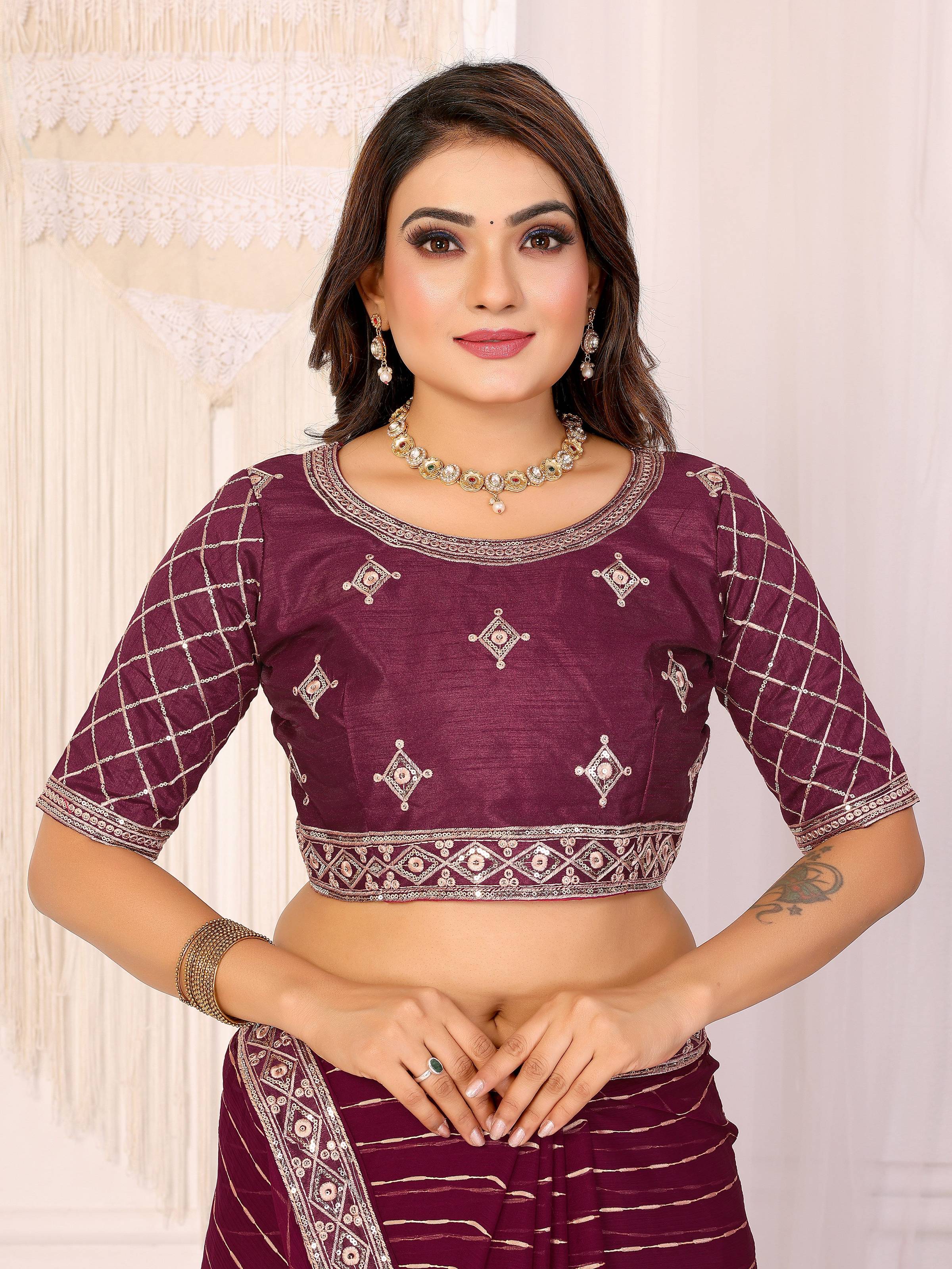 Vedant Vastram Georgette Embroidered & Sequin work Bollywood Fancy Saree - Wine - Dista