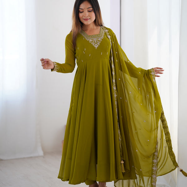 Lorenvalley Mahendi Faux Georgette Fancy Embroidery Beads And Jari Work Anarkali Kurta Palazzo With Dupatta Set - Distacart