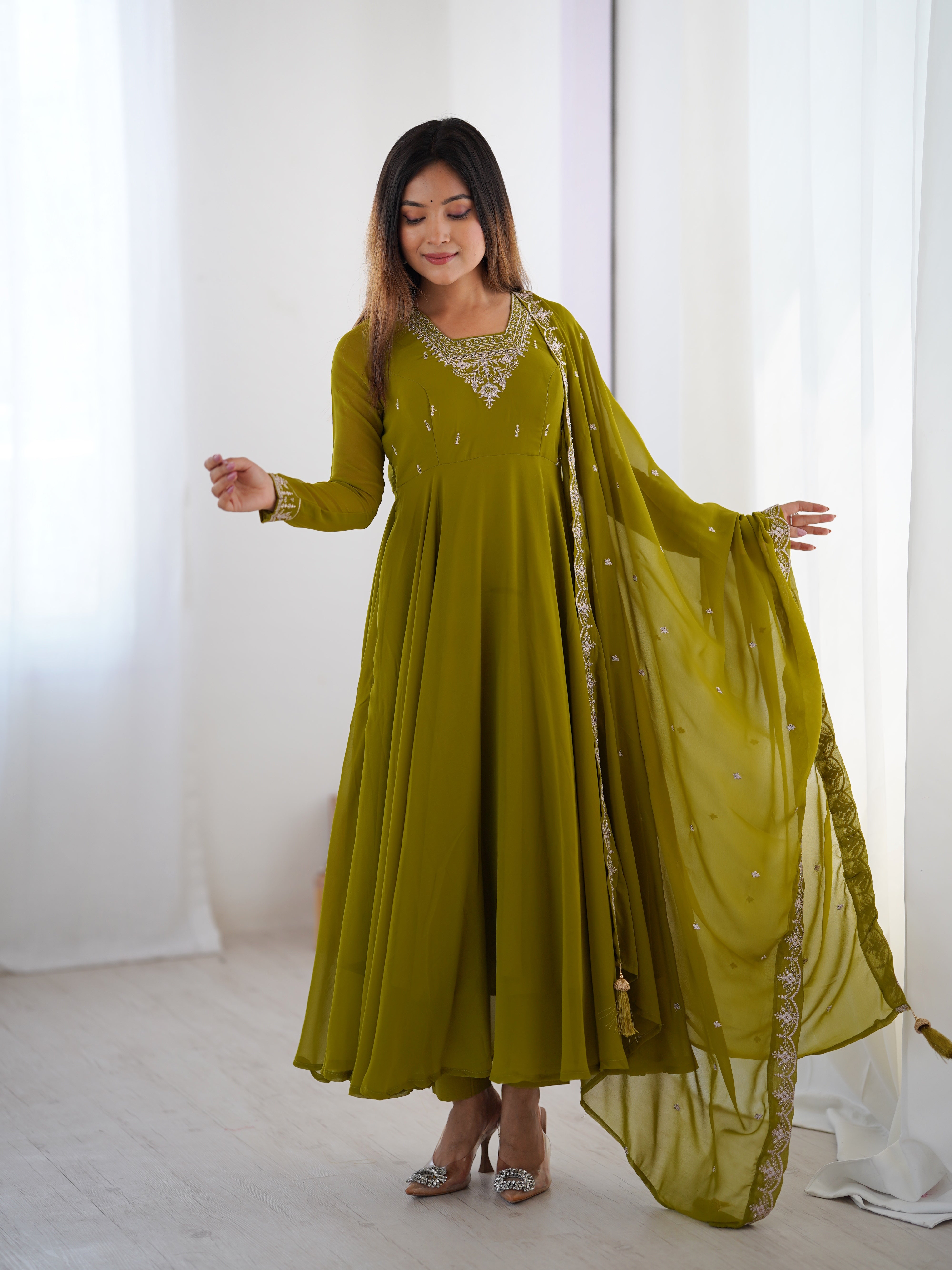 Lorenvalley Mahendi Faux Georgette Fancy Embroidery Beads And Jari Work Anarkali Kurta Palazzo With Dupatta Set - Distacart