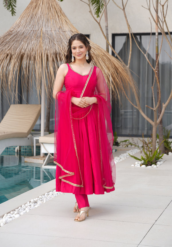 Lorenvalley Magenta Pure Romansilk Chanderi Fabric Yoke Fancy Lace Work Anarkali Kurta Pant With Dupatta Set