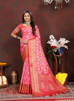 Thumbnail for Lorenvalley Fashion Magenta Organza Silk Woven Design with Rich Meenakari Weaving Pallu Saree - Distacart