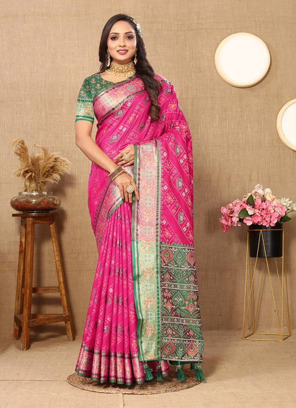 Lorenvalley Fashion Magenta Patola Silk Woven Design with Zari Meenakari Weaving motifs Pallu Saree - Distacart