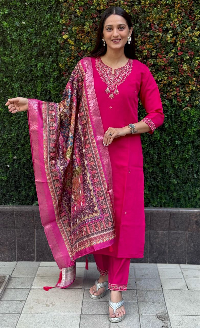 Lorenvalley Fashion Magenta Roman Silk Embroidery Multi Work Kurta Pant with Dupatta