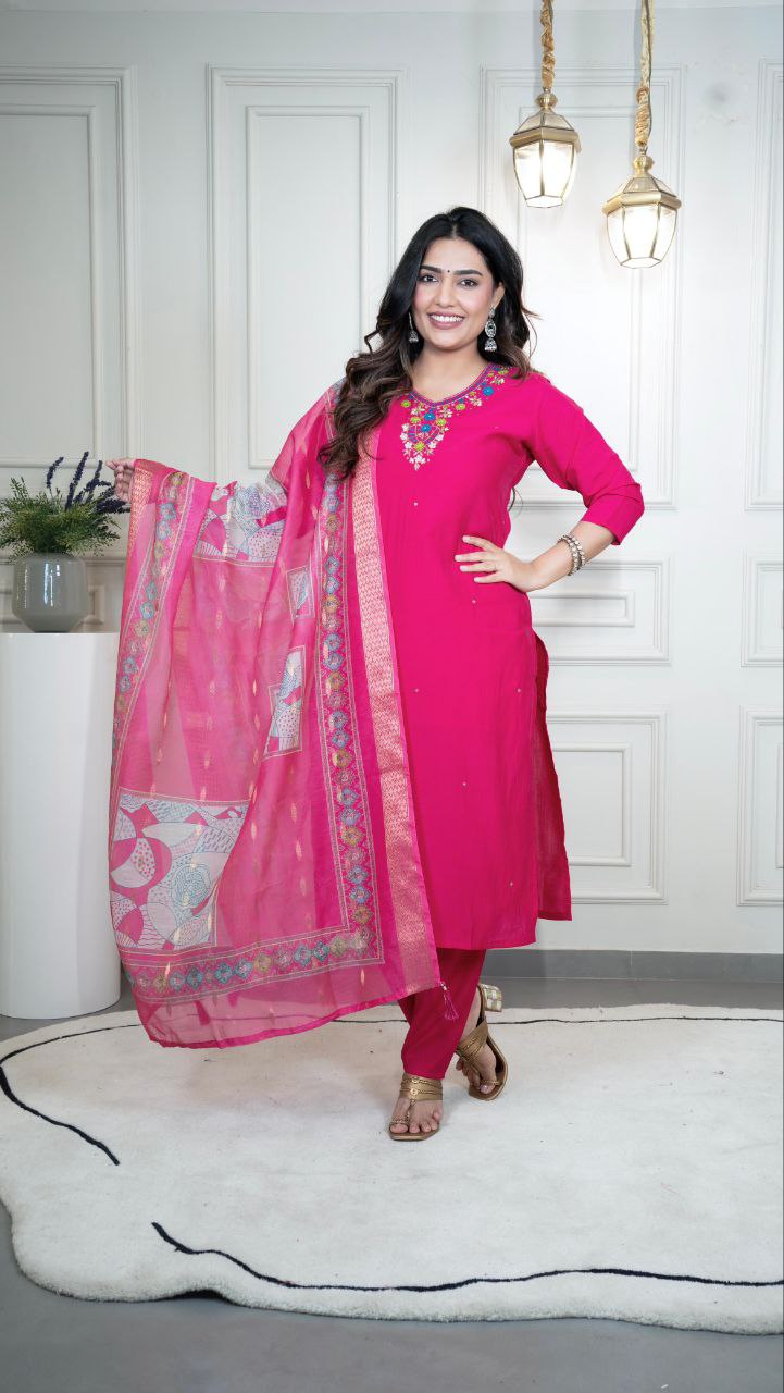 Lorenvalley Fashion Magenta Roman Silk Hand Work Kurta Pant with Dupatta