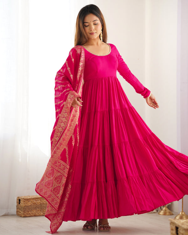 Lorenvalley Women Pure Roman silk Chanderi Fabric Layer Gathering Anarkali Kurta Pant With Dupatta Set - Magenta - Distacart