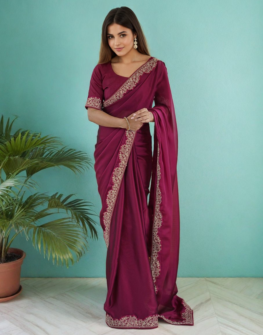 Lorenvalley Fashion Dark Magenta Rangoli Silk with Coding Lace Work Saree with Blouse