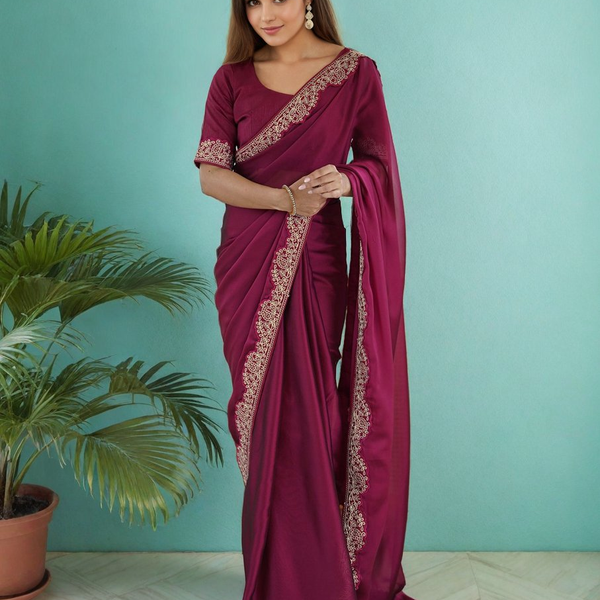 Lorenvalley Fashion Dark Magenta Rangoli Silk with Coding Lace Work Saree with Blouse - Distacart