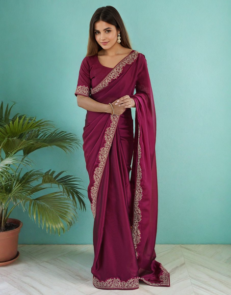 Lorenvalley Fashion Dark Magenta Rangoli Silk with Coding Lace Work Saree with Blouse
