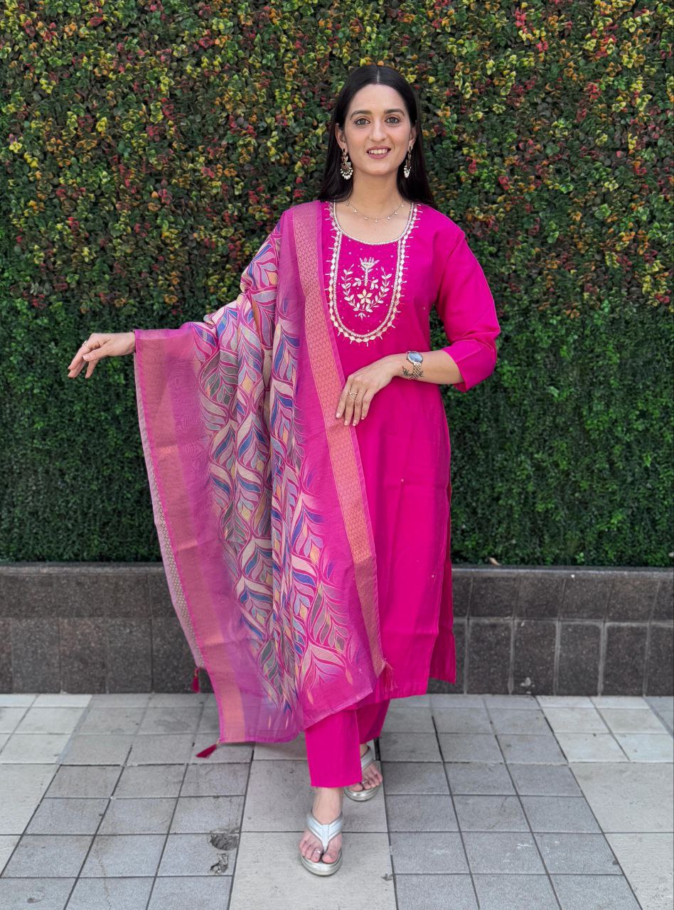 Lorenvalley Fashion Magenta Roman Silk Hand Work Kurta Pant with Dupatta
