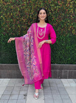Thumbnail for Lorenvalley Fashion Magenta Roman Silk Hand Work Kurta Pant with Dupatta