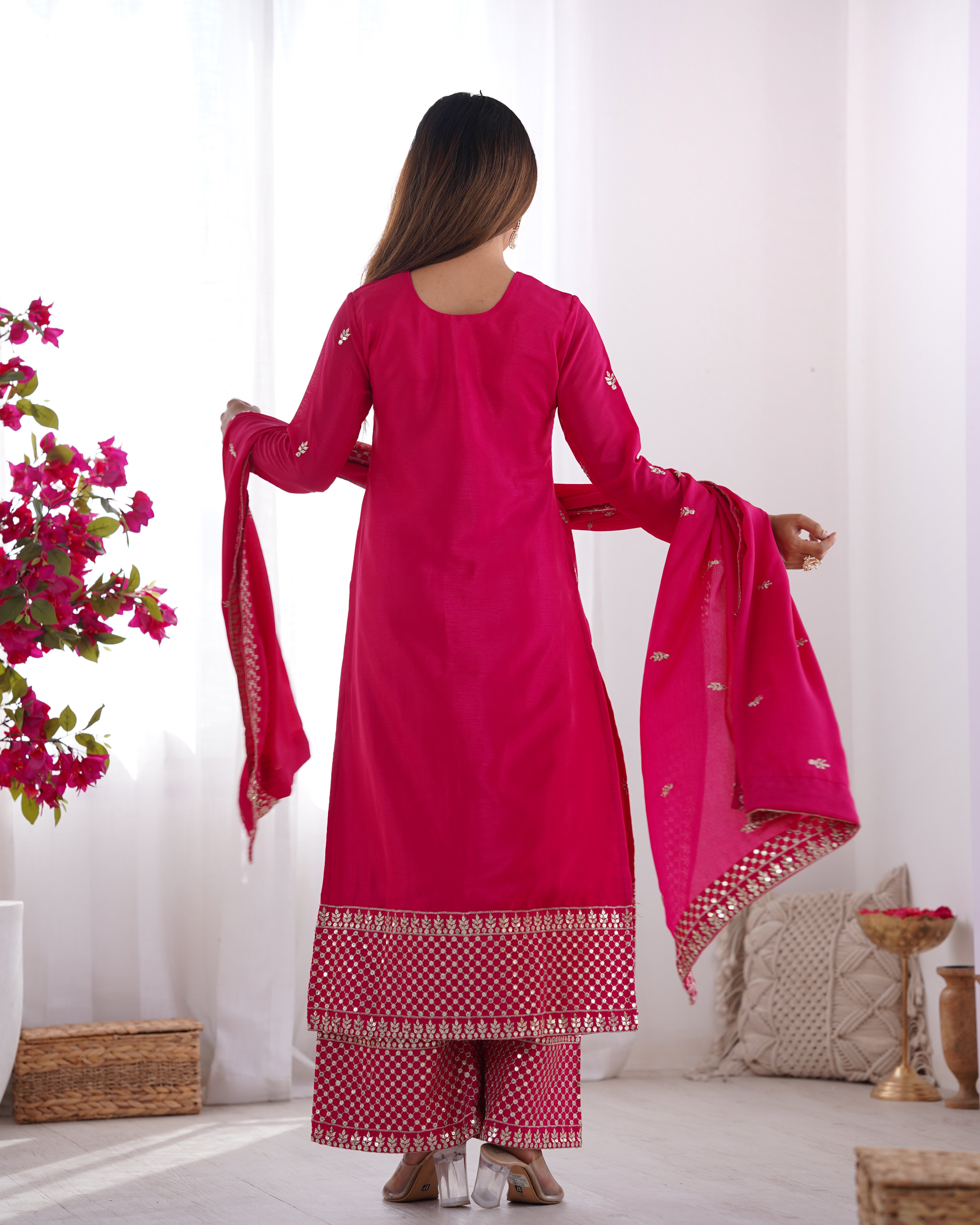 Lorenvalley Magenta Chinon Silk Embroidery Sequence and Jari Work Kurta Trousers with Dupatta Set - Distacart