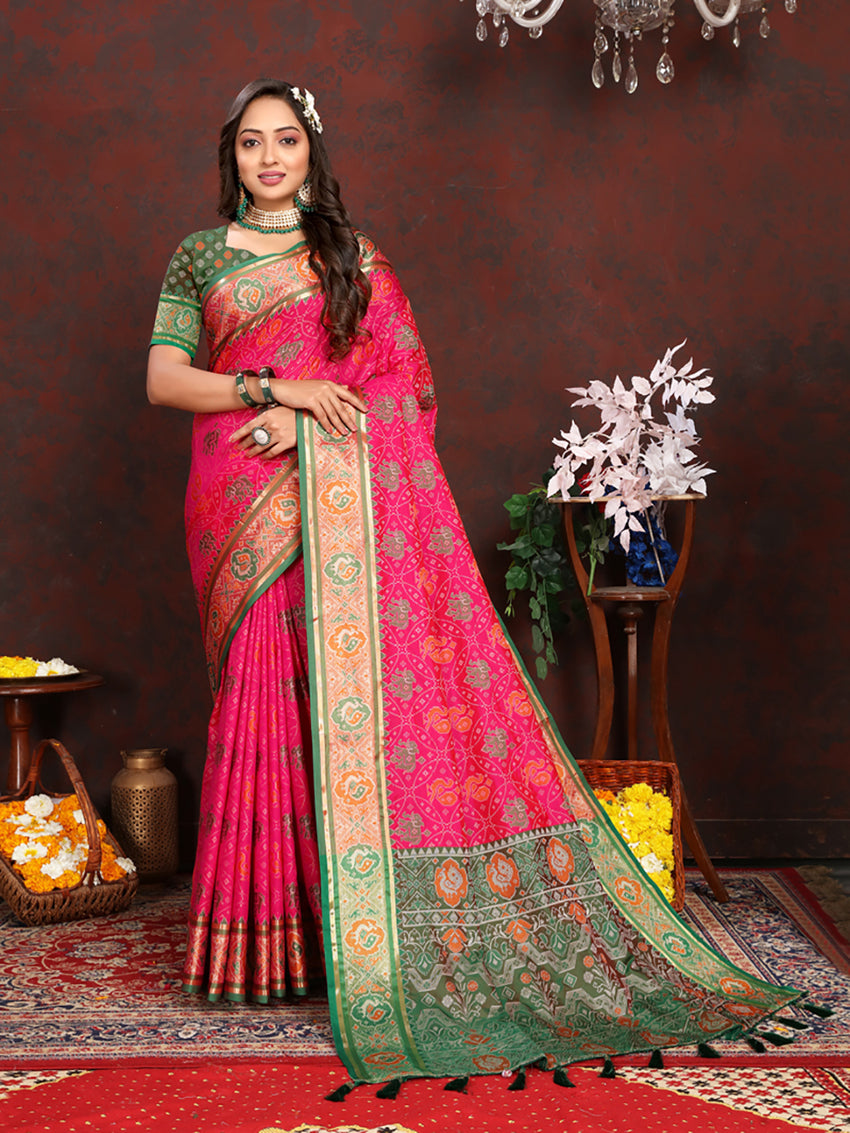 Lorenvalley Fashion Magenta Patola Silk Woven Design with Zari Meenakari Weaving motifs Pallu Saree - Distacart
