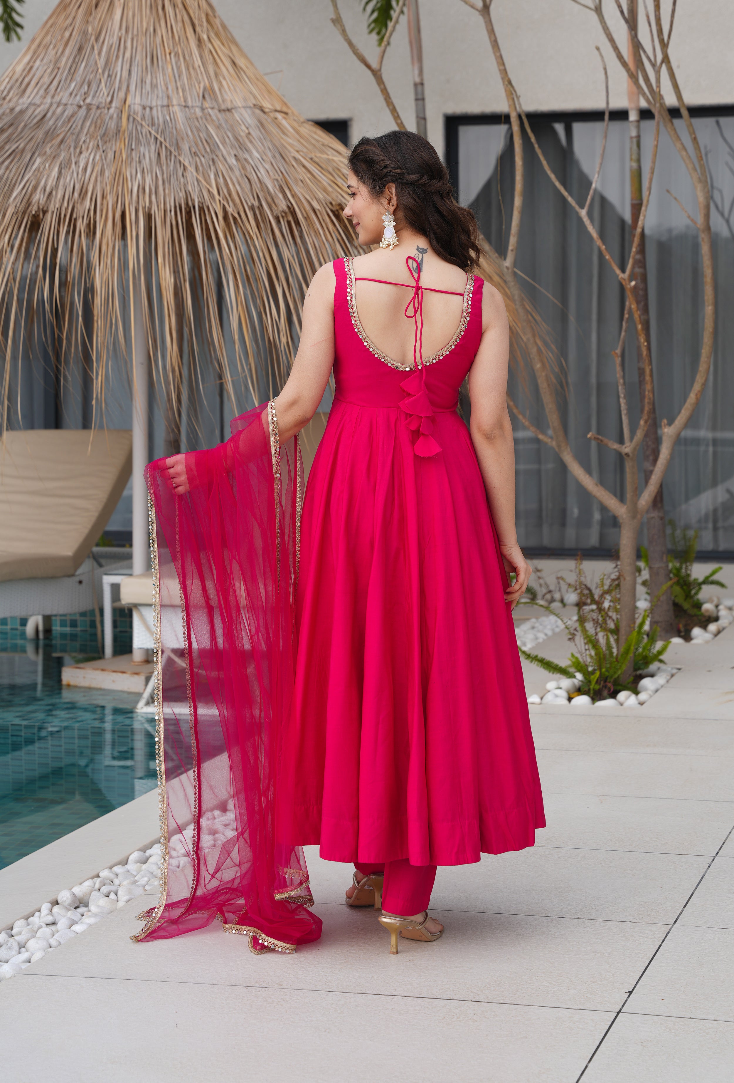 Lorenvalley Magenta Pure Romansilk Chanderi Fabric Yoke Fancy Lace Work Anarkali Kurta Pant With Dupatta Set