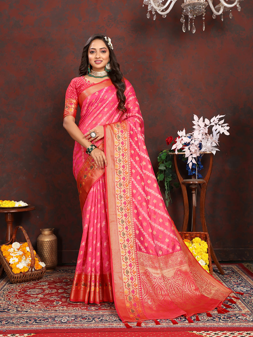 Lorenvalley Fashion Magenta Organza Silk Woven Design with Rich Meenakari Weaving Pallu Saree - Distacart