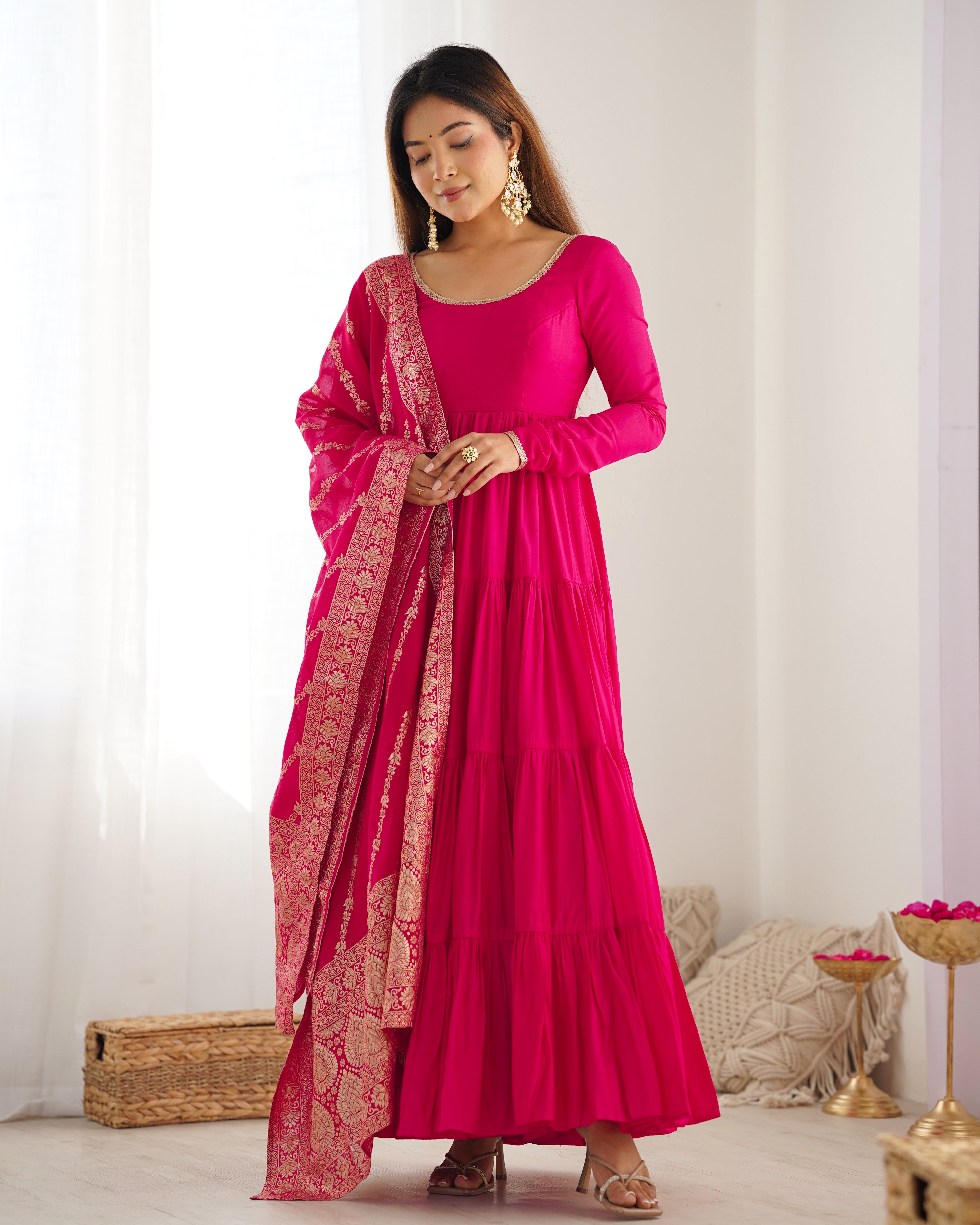 Lorenvalley Women Pure Roman silk Chanderi Fabric Layer Gathering Anarkali Kurta Pant With Dupatta Set - Magenta - Distacart