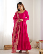 Thumbnail for Lorenvalley Women Pure Roman silk Chanderi Fabric Layer Gathering Anarkali Kurta Pant With Dupatta Set - Magenta - Distacart