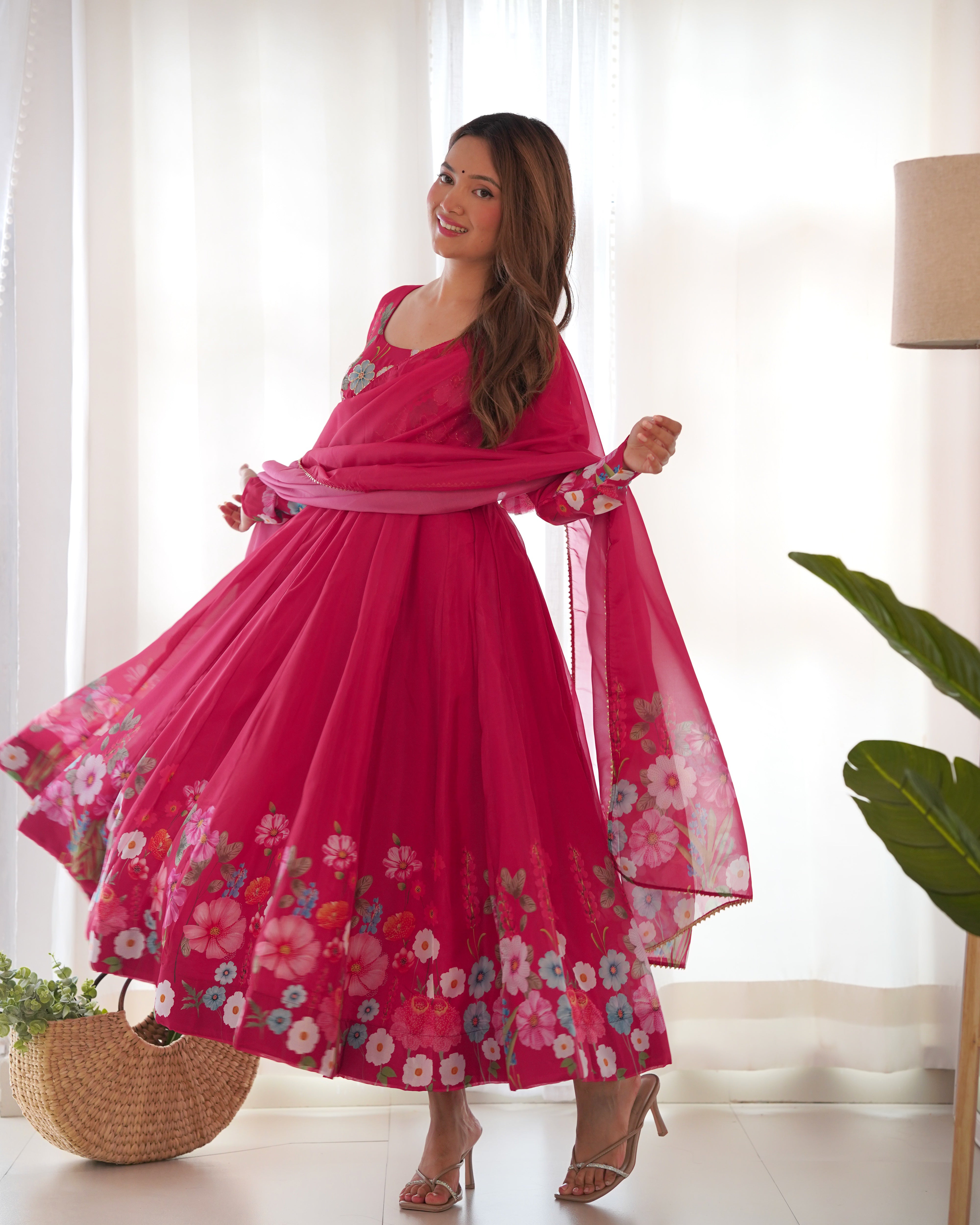 Lorenvalley Parrot Soft Organza Silk With Floral Print Fully Flared Anarkali Pant With Dupatta Set - Magenta - Distacart