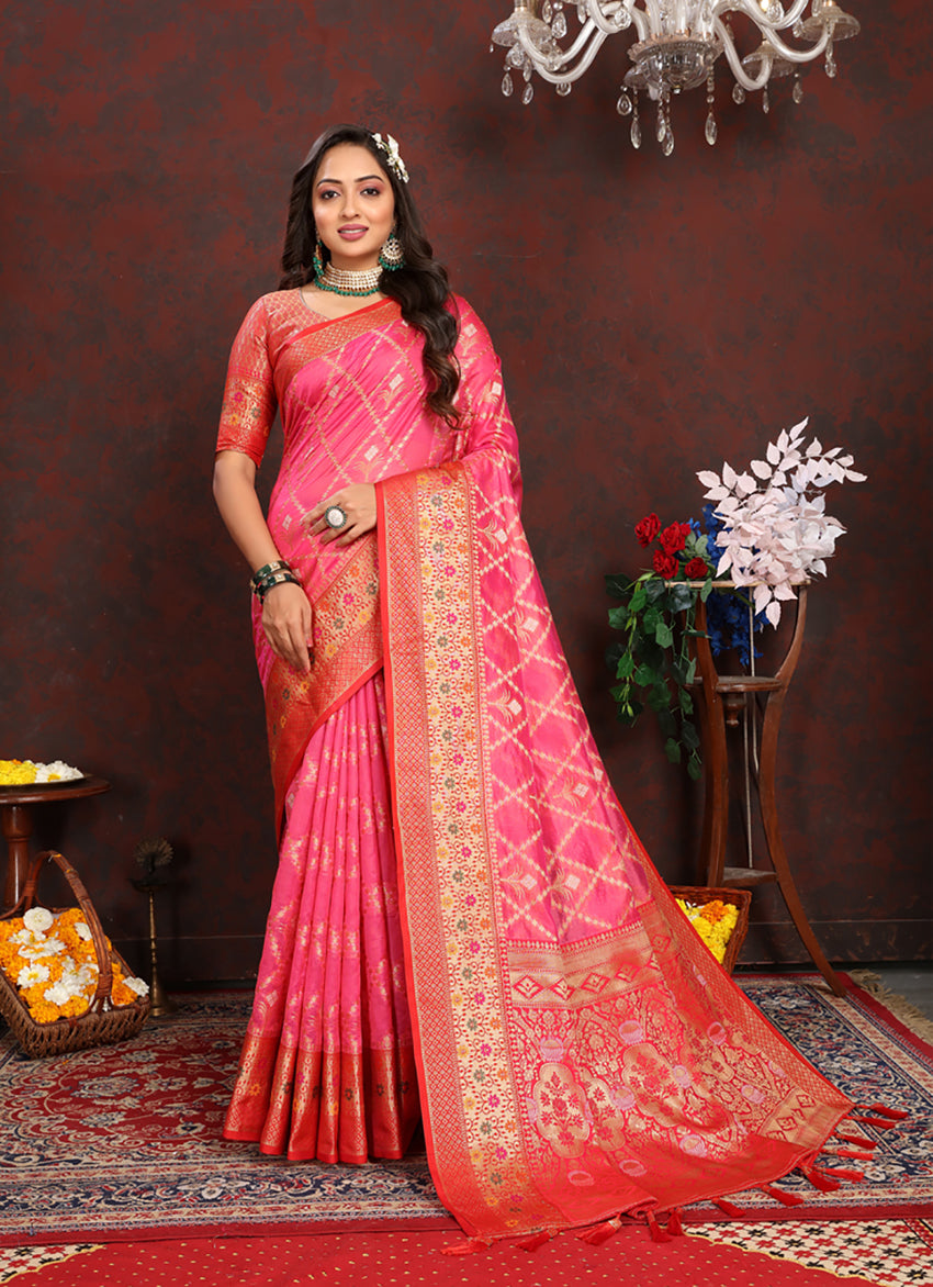 Lorenvalley Fashion Magenta Organza Silk Woven Design with Rich Meenakari Weaving Pallu Saree - Distacart