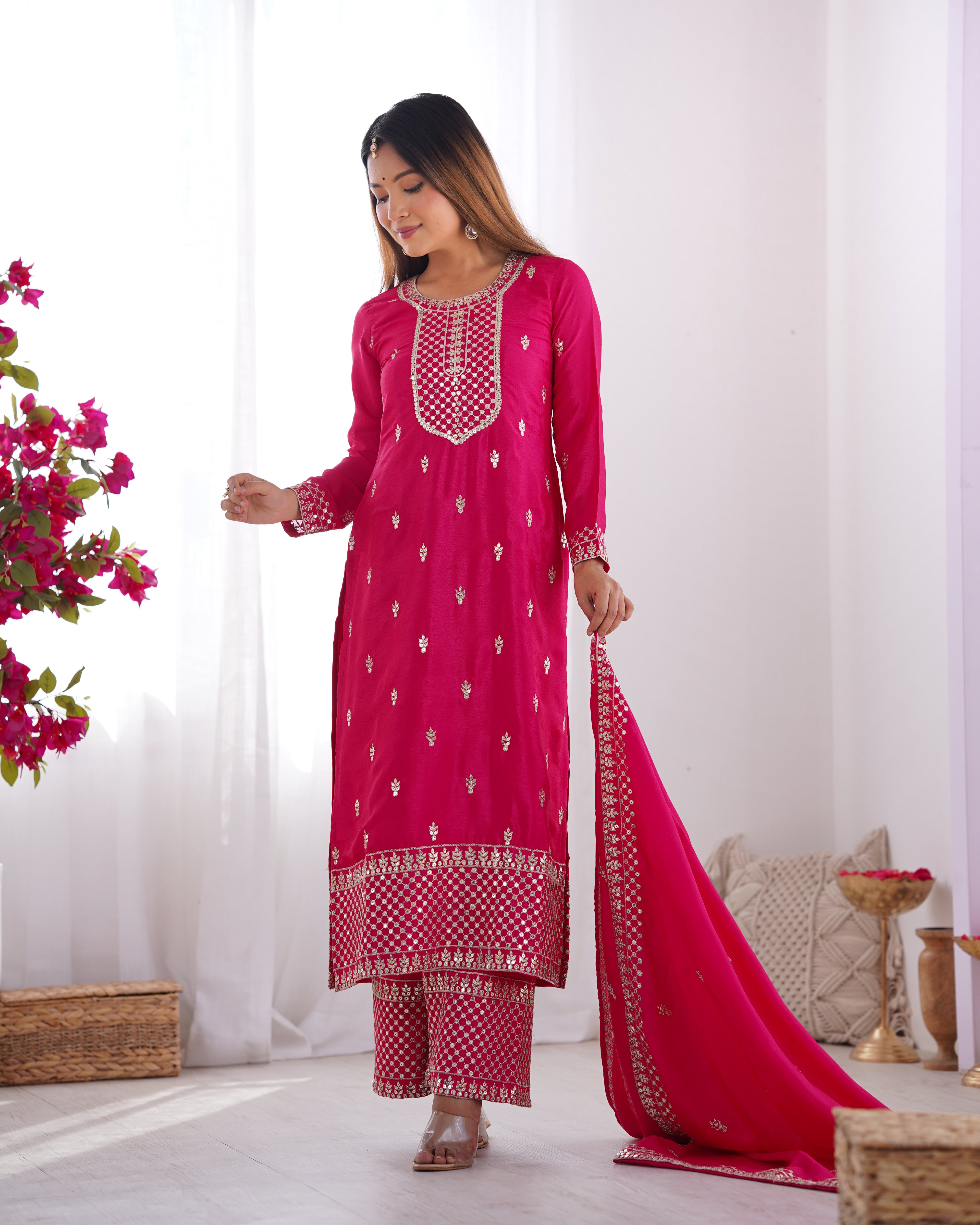 Lorenvalley Magenta Chinon Silk Embroidery Sequence and Jari Work Kurta Trousers with Dupatta Set