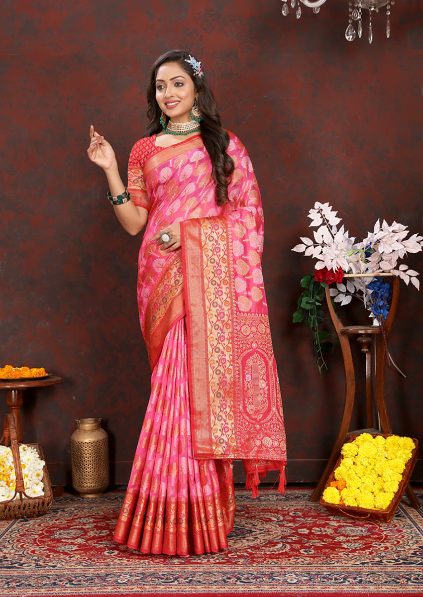 Lorenvalley Fashion Magenta Organza Silk Woven Design with Rich Meenakari Weaving Pallu Saree - Distacart