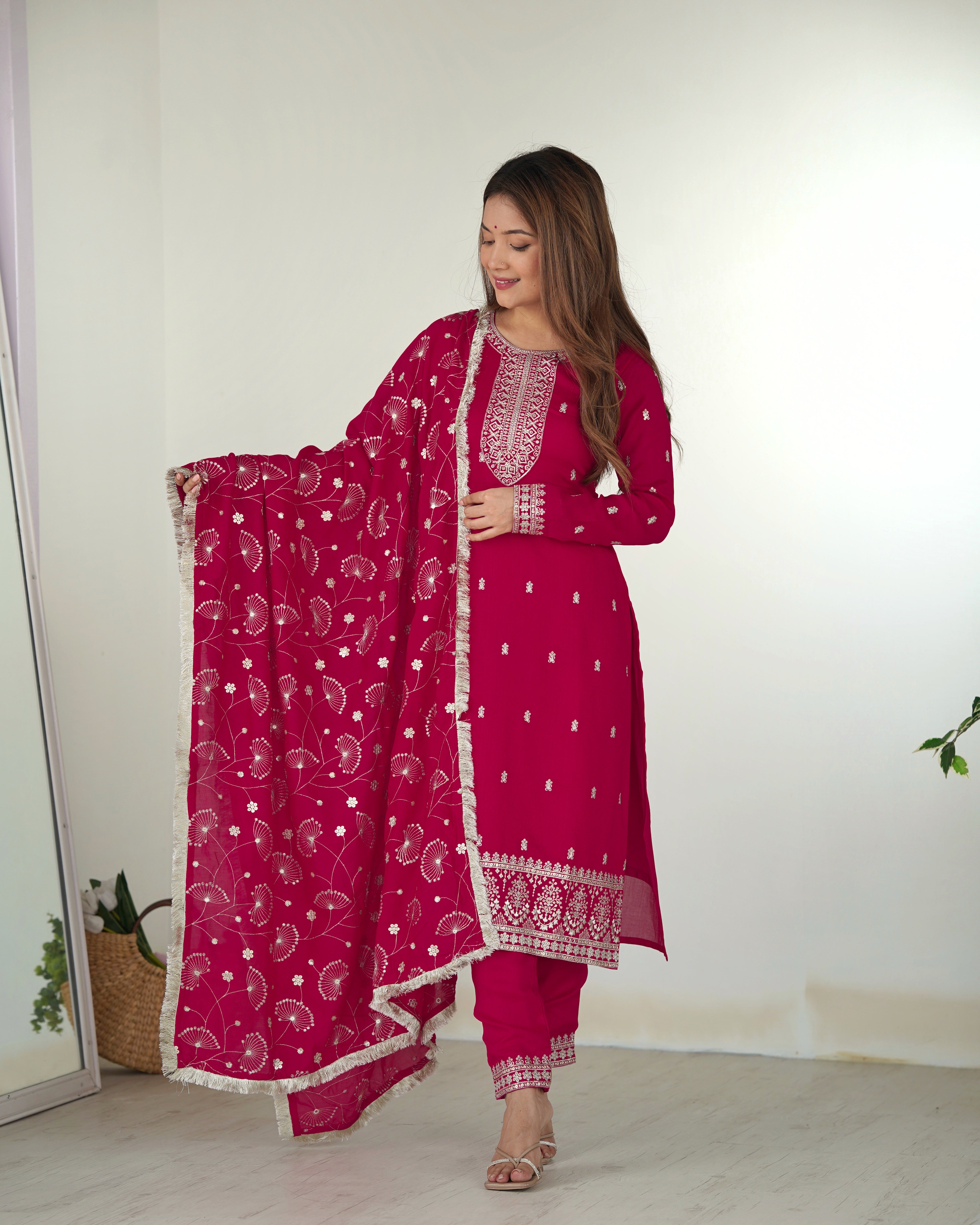 Lorenvalley Magenta Rangoli Silk Embroidery Sequence and Jari Work Kurta Trousers with Dupatta Set - Distacart