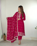 Thumbnail for Lorenvalley Magenta Rangoli Silk Embroidery Sequence and Jari Work Kurta Trousers with Dupatta Set - Distacart