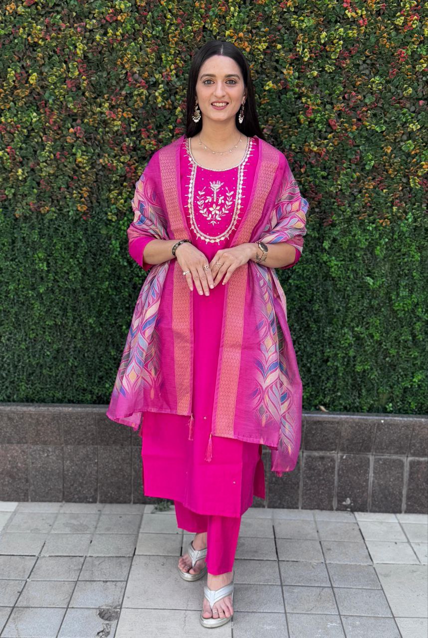 Lorenvalley Fashion Magenta Roman Silk Hand Work Kurta Pant with Dupatta