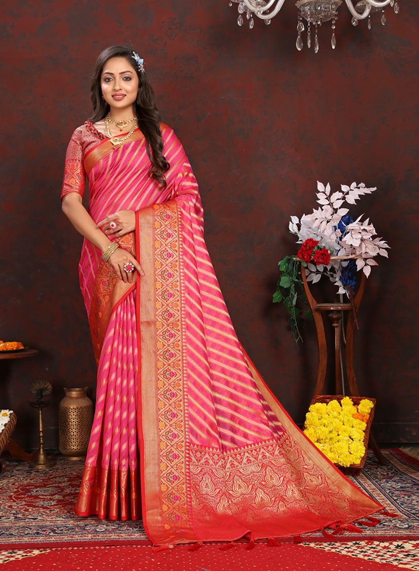 Lorenvalley Fashion Magenta Organza Silk Woven Design with Rich Meenakari Weaving Pallu Saree - Distacart