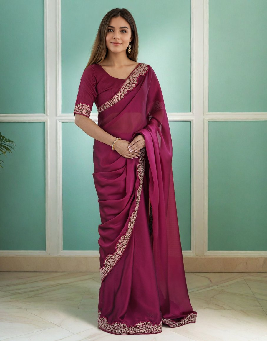 Lorenvalley Fashion Dark Magenta Rangoli Silk with Coding Lace Work Saree with Blouse