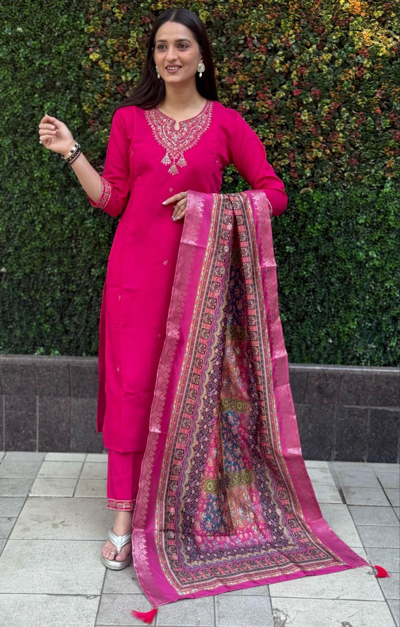 Lorenvalley Fashion Magenta Roman Silk Embroidery Multi Work Kurta Pant with Dupatta