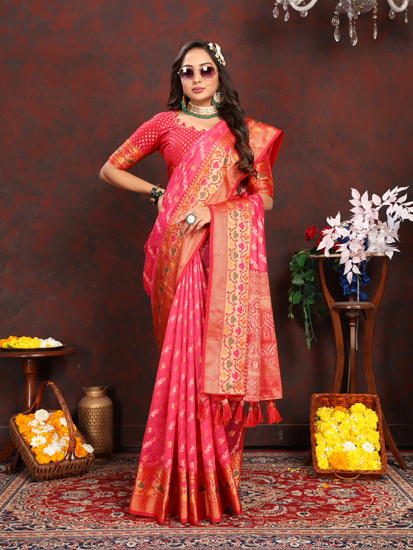 Lorenvalley Fashion Magenta Organza Silk Woven Design with Rich Meenakari Weaving Pallu Saree - Distacart