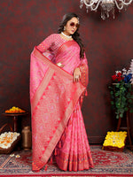 Thumbnail for Lorenvalley Fashion Magenta Organza Silk Woven Design with Rich Meenakari Weaving Pallu Saree - Distacart