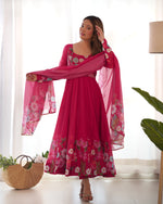 Thumbnail for Lorenvalley Parrot Soft Organza Silk With Floral Print Fully Flared Anarkali Pant With Dupatta Set - Magenta - Distacart
