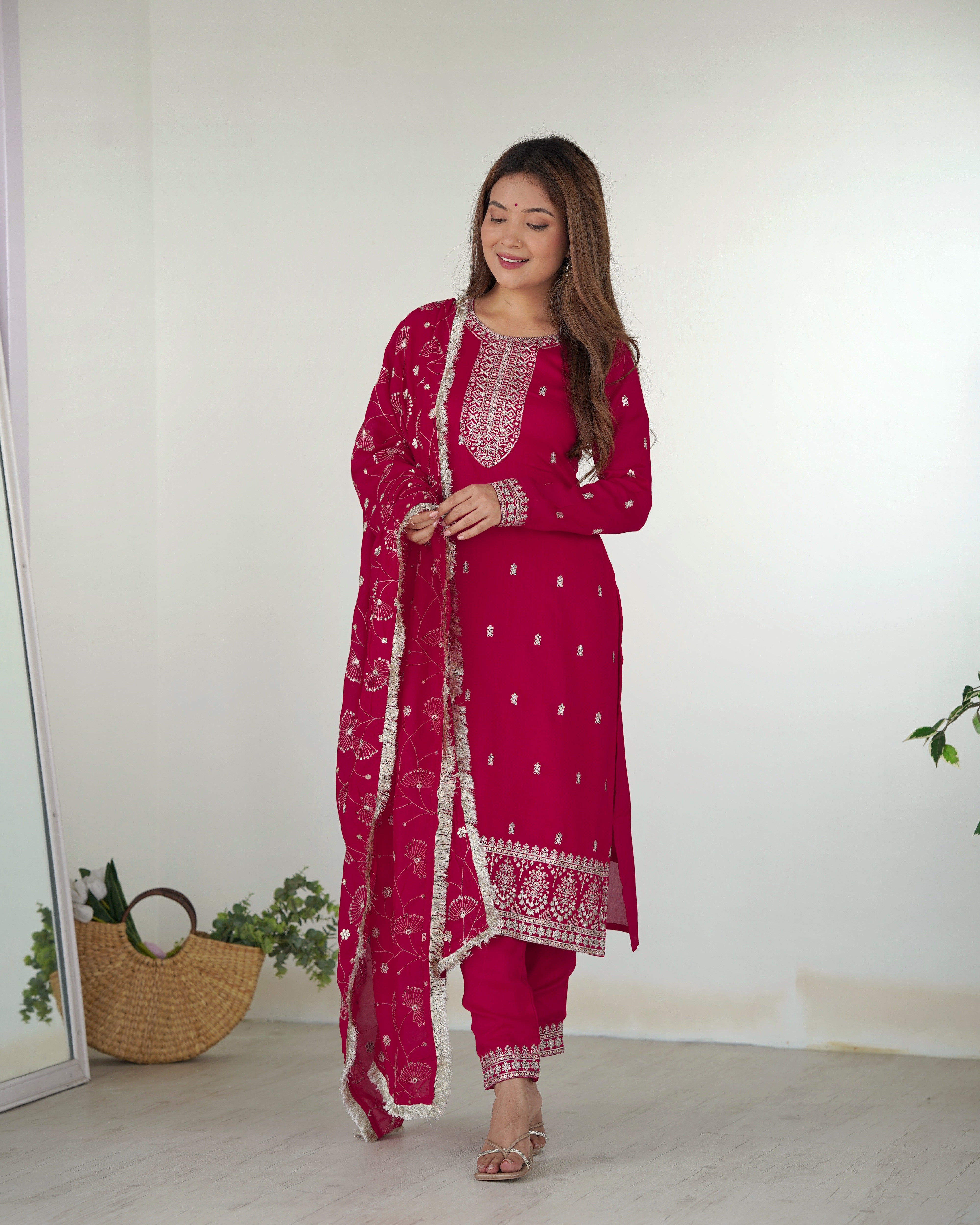 Lorenvalley Magenta Rangoli Silk Embroidery Sequence and Jari Work Kurta Trousers with Dupatta Set - Distacart