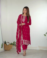 Thumbnail for Lorenvalley Magenta Rangoli Silk Embroidery Sequence and Jari Work Kurta Trousers with Dupatta Set - Distacart