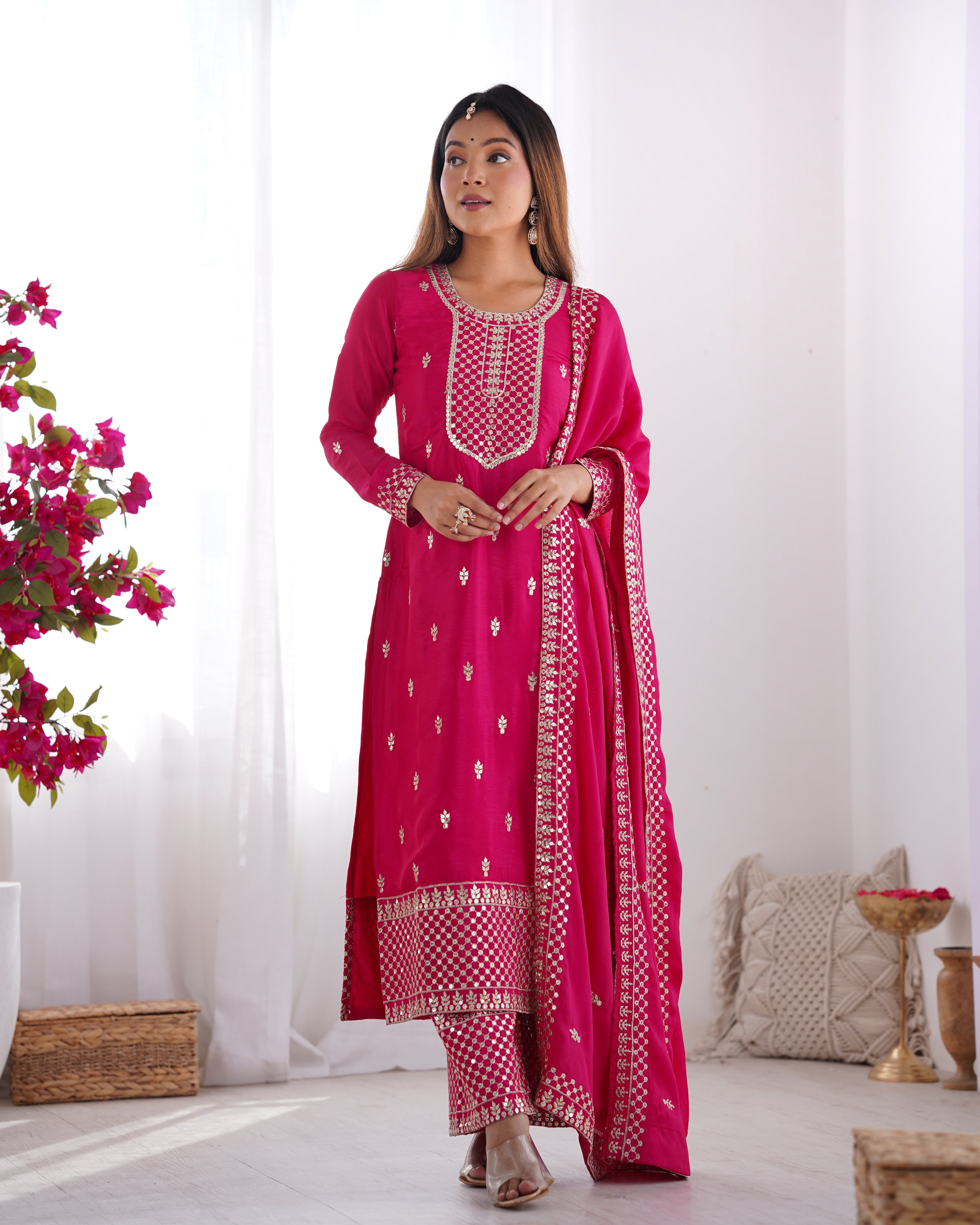 Lorenvalley Magenta Chinon Silk Embroidery Sequence and Jari Work Kurta Trousers with Dupatta Set