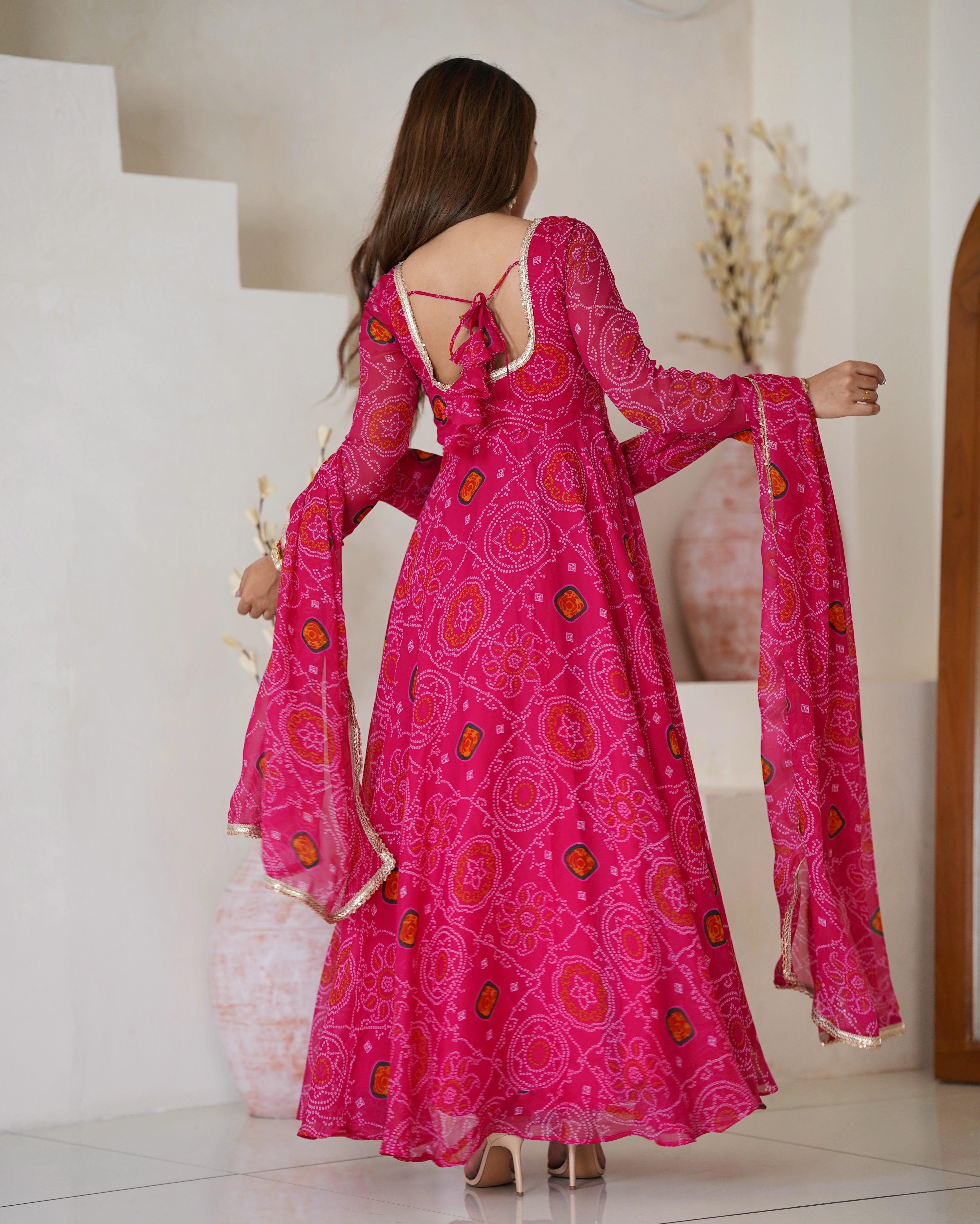 Lorenvalley Women Soft Lightweight Chiffon Bandhej Print Fabric Anarkali Kurta Pant With Dupatta Set - Distacart