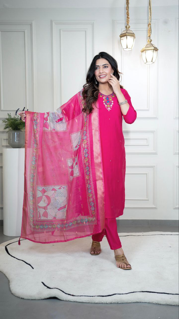 Lorenvalley Fashion Magenta Roman Silk Hand Work Kurta Pant with Dupatta