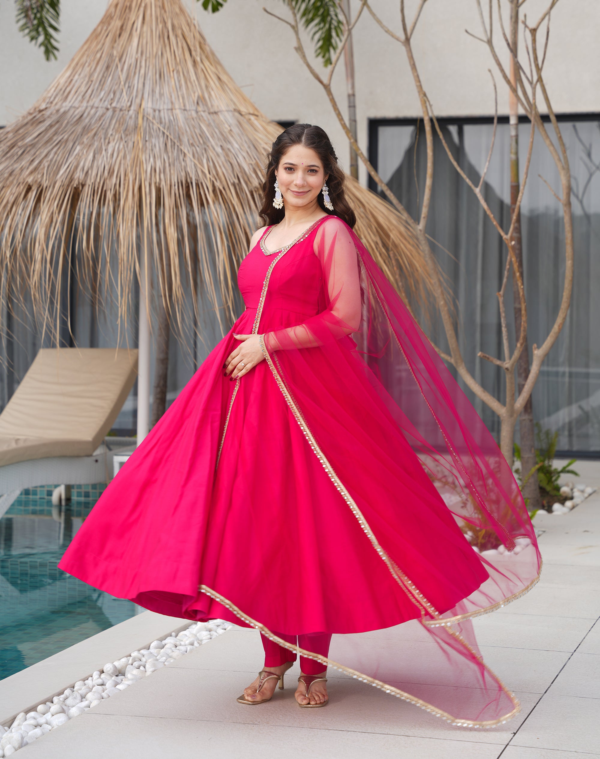 Lorenvalley Magenta Pure Romansilk Chanderi Fabric Yoke Fancy Lace Work Anarkali Kurta Pant With Dupatta Set