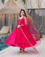 Thumbnail for Lorenvalley Magenta Pure Romansilk Chanderi Fabric Yoke Fancy Lace Work Anarkali Kurta Pant With Dupatta Set