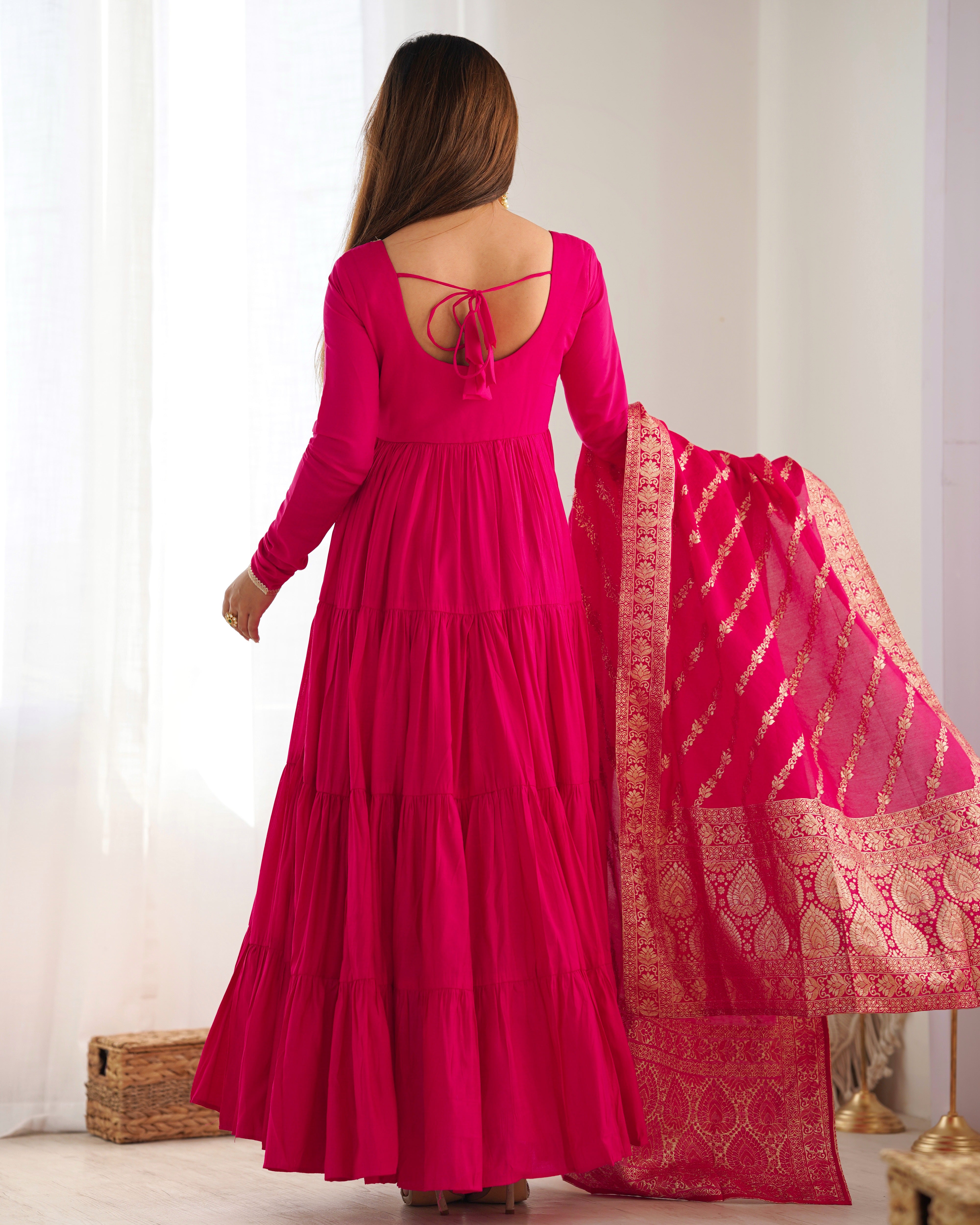 Lorenvalley Women Pure Roman silk Chanderi Fabric Layer Gathering Anarkali Kurta Pant With Dupatta Set - Magenta - Distacart
