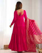 Thumbnail for Lorenvalley Women Pure Roman silk Chanderi Fabric Layer Gathering Anarkali Kurta Pant With Dupatta Set - Magenta - Distacart